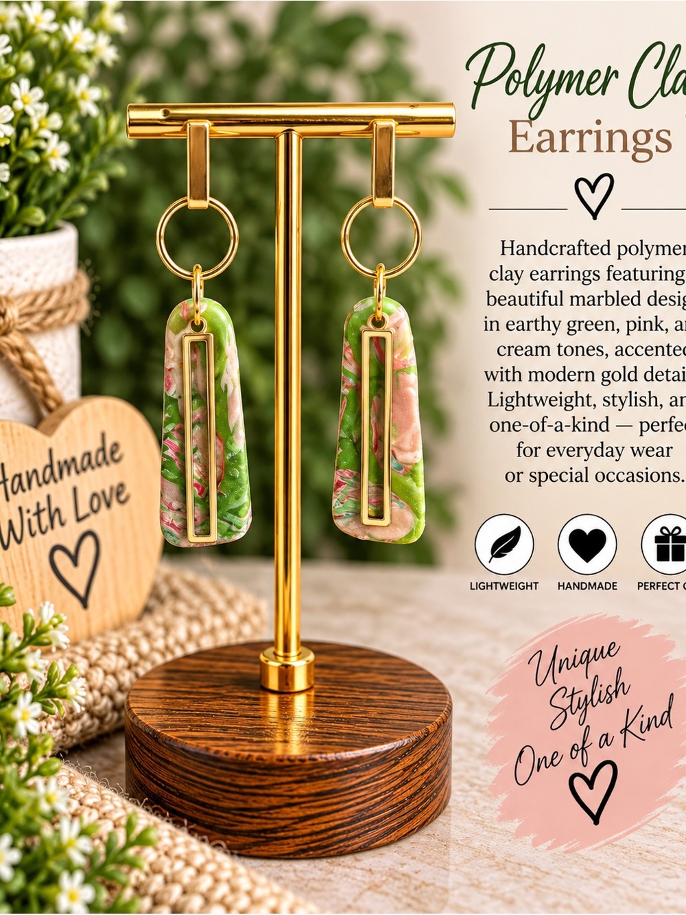Green & Pink Marble Polymer Clay Drop Earrings with Gold Accents